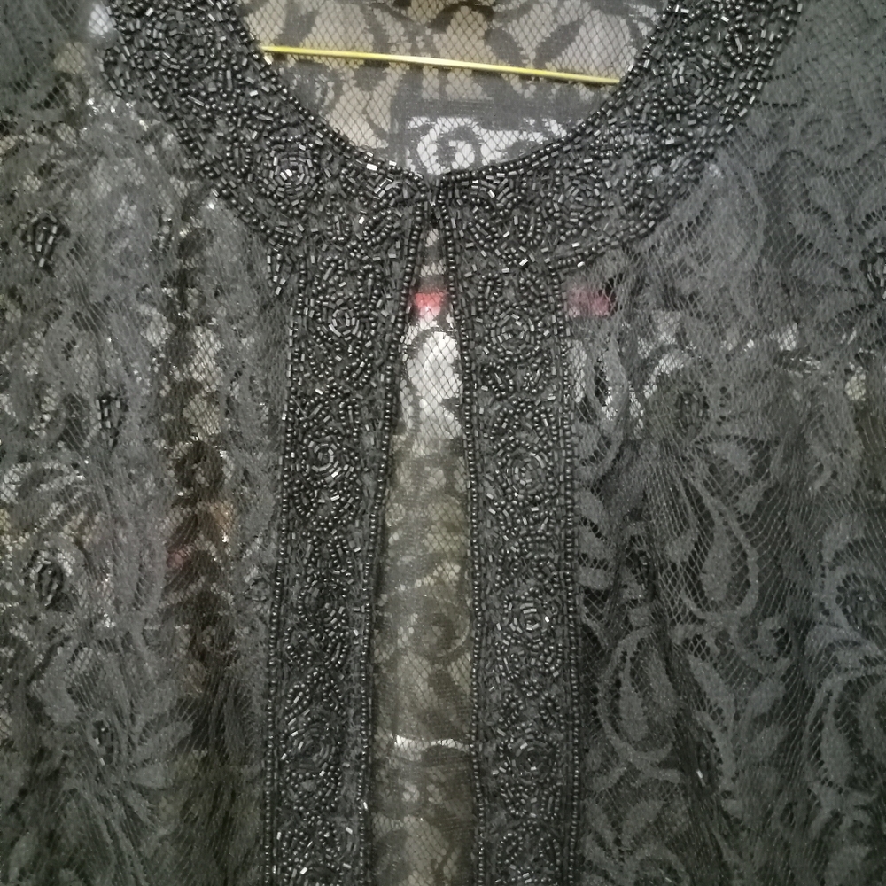 Vintage Black Fully Beaded front & back on chiffon Jacket Sz S